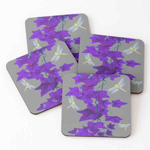 Item preview, DECORATIVE PURPLE IVY VINES YELLOW DRAGONFLIES GREY ART designed and sold by sharlesart.