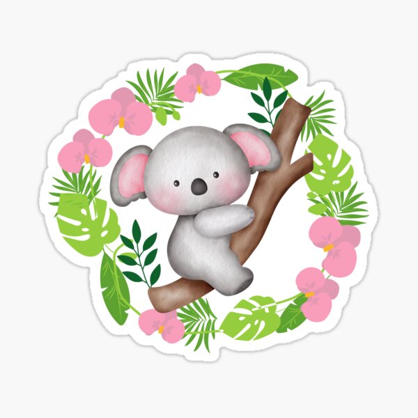 Baby koala on its branch with circle of flowers. Sticker