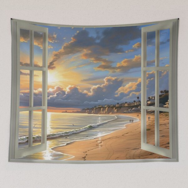 Item preview, Window view of a beach in sun rise designed and sold by zand-n-zive.