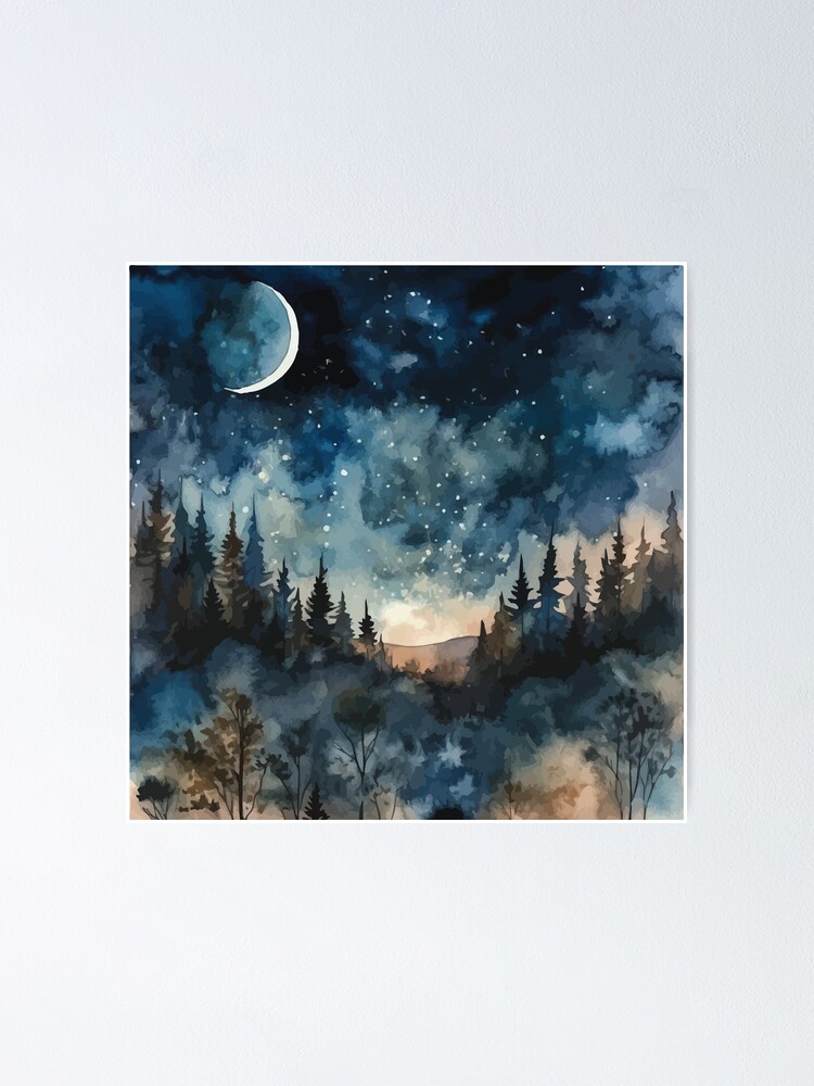 Una pintura de una noche iluminada por la luna con estrellas y las