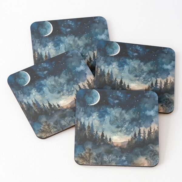 Item preview, A Starry Night in the Woods with a Crescent Moon - Boho Watercolor Night Sky designed and sold by GVRDesign.