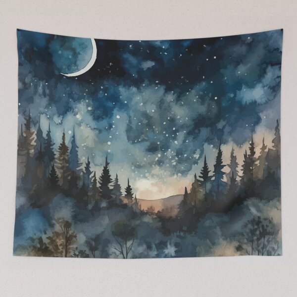 Item preview, A Starry Night in the Woods with a Crescent Moon - Boho Watercolor Night Sky designed and sold by GVRDesign.