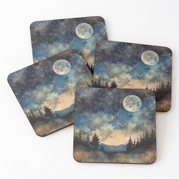 Item preview, A Starry Night in the Woods with a Full Moon - Boho Watercolor Night Sky designed and sold by GVRDesign.