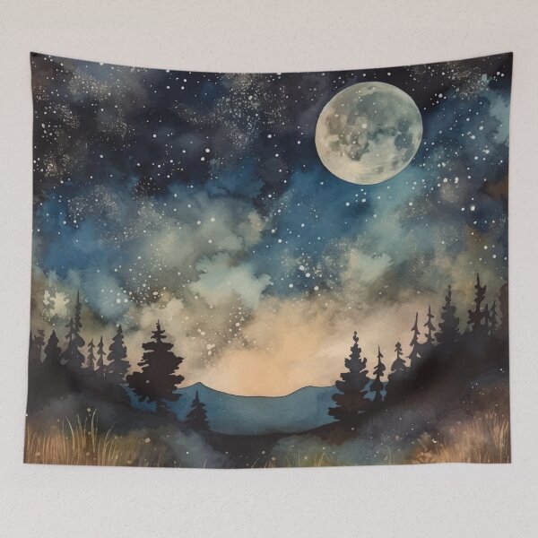 Item preview, A Starry Night in the Woods with a Full Moon - Boho Watercolor Night Sky designed and sold by GVRDesign.