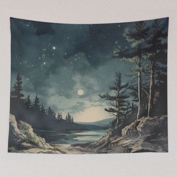 Item preview, A River Under a Moon Lit Sky in The Woods - Boho Watercolor Night Sky designed and sold by GVRDesign.