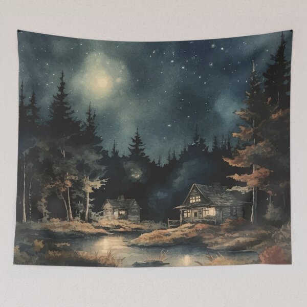 Item preview, Cabins by a River Under a Moon Lit Sky in The Woods - Boho Watercolor Night Sky designed and sold by GVRDesign.