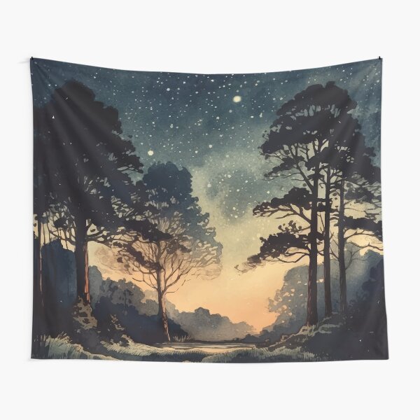 Aperçu de l'œuvre Une nuit remplie d'étoiles dans la forêt avec une lueur - Boho Aquarelle Night Sky créée et vendue par GVRDesign.