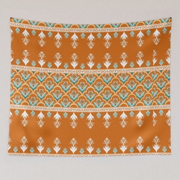 Item preview, Blooming Citrus Delight: White Blue Floral Fabric Prints on Orange Background" designed and sold by SoulthreadzStudio.