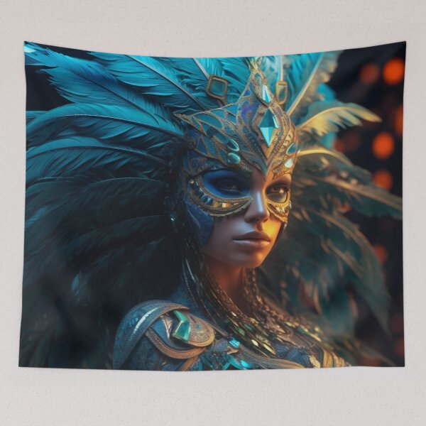 Item preview, Enigmatic Elegance: A Vibrant Digital Portrait of a Masked Woman Adorned with Peacock Feathers designed and sold by oanaunciuleanu.