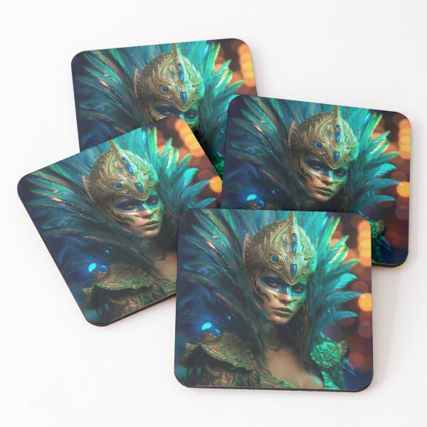 Item preview, Enigmatic Elegance: A Vibrant Digital Portrait of a Masked Woman Adorned with Peacock Feathers designed and sold by oanaunciuleanu.