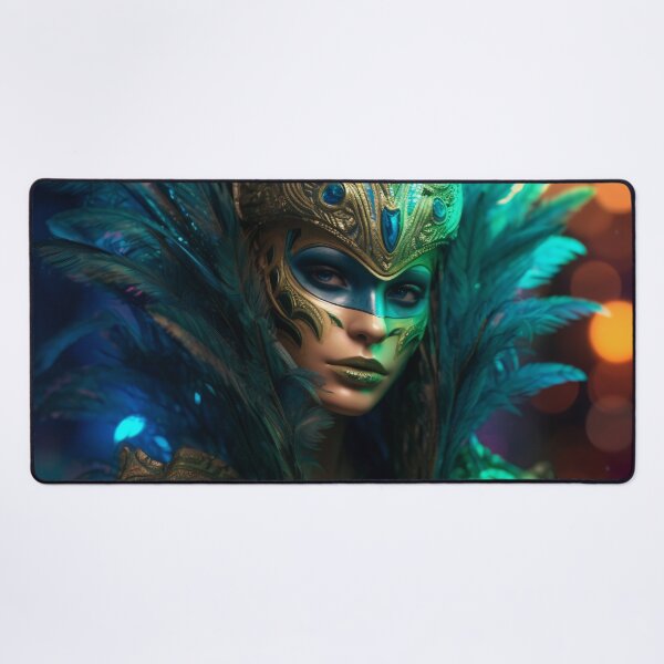 Item preview, Enigmatic Elegance: A Vibrant Digital Portrait of a Masked Woman Adorned with Peacock Feathers designed and sold by oanaunciuleanu.