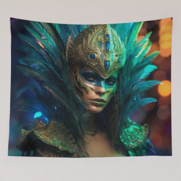 Item preview, Enigmatic Elegance: A Vibrant Digital Portrait of a Masked Woman Adorned with Peacock Feathers designed and sold by oanaunciuleanu.