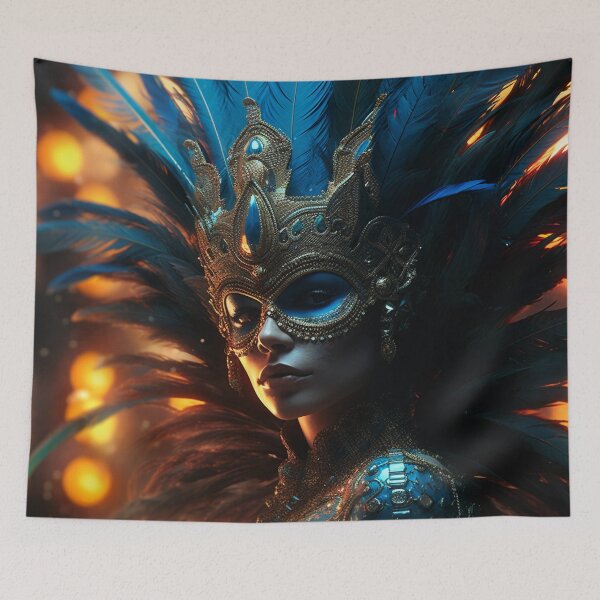 Item preview, Enigmatic Elegance: A Vibrant Digital Portrait of a Masked Woman Adorned with Peacock Feathers designed and sold by oanaunciuleanu.