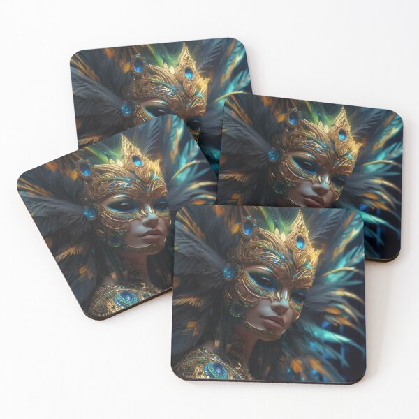 Item preview, Enigmatic Elegance: A Vibrant Digital Portrait of a Masked Woman Adorned with Peacock Feathers designed and sold by oanaunciuleanu.