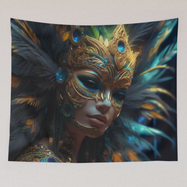 Item preview, Enigmatic Elegance: A Vibrant Digital Portrait of a Masked Woman Adorned with Peacock Feathers designed and sold by oanaunciuleanu.