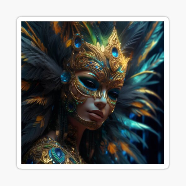 Item preview, Enigmatic Elegance: A Vibrant Digital Portrait of a Masked Woman Adorned with Peacock Feathers designed and sold by oanaunciuleanu.
