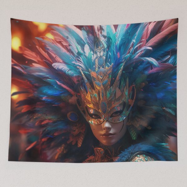 Item preview, Enigmatic Elegance: A Vibrant Digital Portrait of a Masked Woman Adorned with Peacock Feathers designed and sold by oanaunciuleanu.