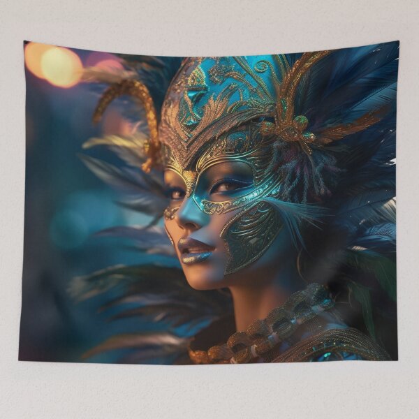 Item preview, Enigmatic Elegance: A Vibrant Digital Portrait of a Masked Woman Adorned with Peacock Feathers designed and sold by oanaunciuleanu.