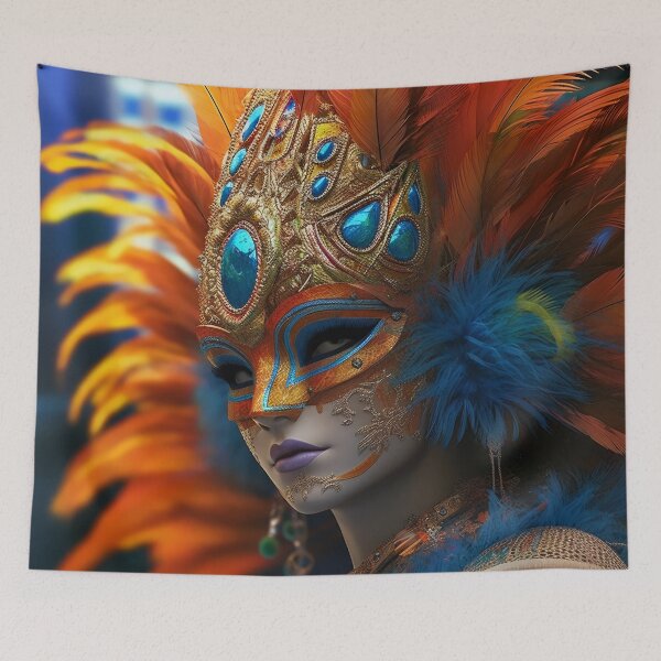 Item preview, Enigmatic Elegance: A Vibrant Digital Portrait of a Masked Woman Adorned with Peacock Feathers designed and sold by oanaunciuleanu.