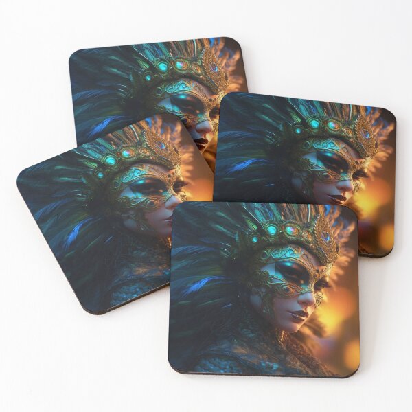 Item preview, Enigmatic Elegance: A Vibrant Digital Portrait of a Masked Woman Adorned with Peacock Feathers designed and sold by oanaunciuleanu.