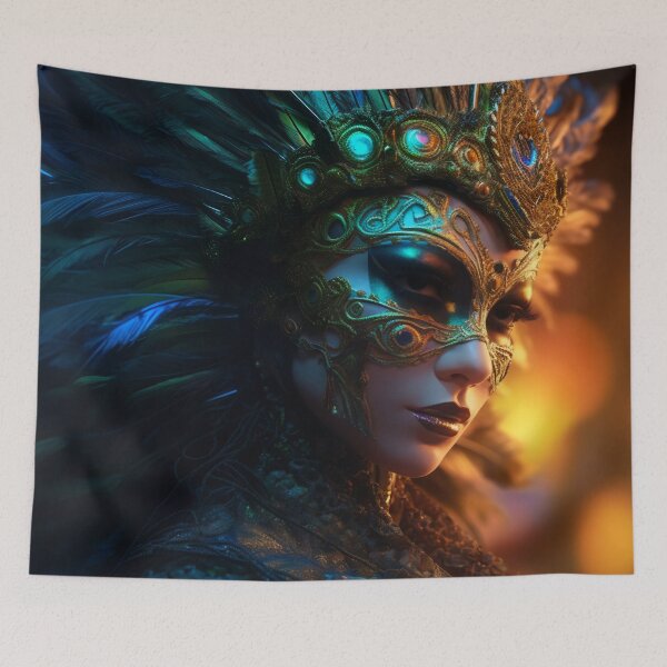 Item preview, Enigmatic Elegance: A Vibrant Digital Portrait of a Masked Woman Adorned with Peacock Feathers designed and sold by oanaunciuleanu.