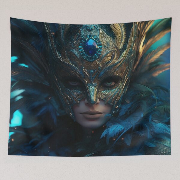 Item preview, Enigmatic Elegance: A Vibrant Digital Portrait of a Masked Woman Adorned with Peacock Feathers designed and sold by oanaunciuleanu.