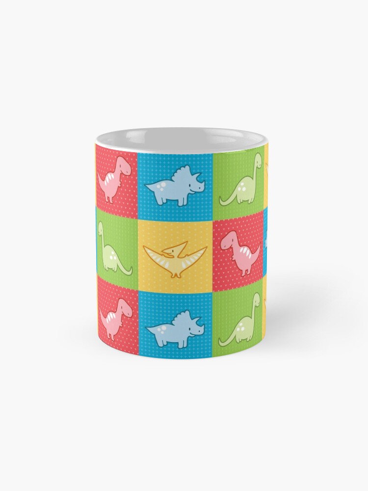 Thumbnail 4 of 6, Coffee Mug, Colorful dinosaurs and pterodactyl cheater quilt designed and sold by petitspixels.