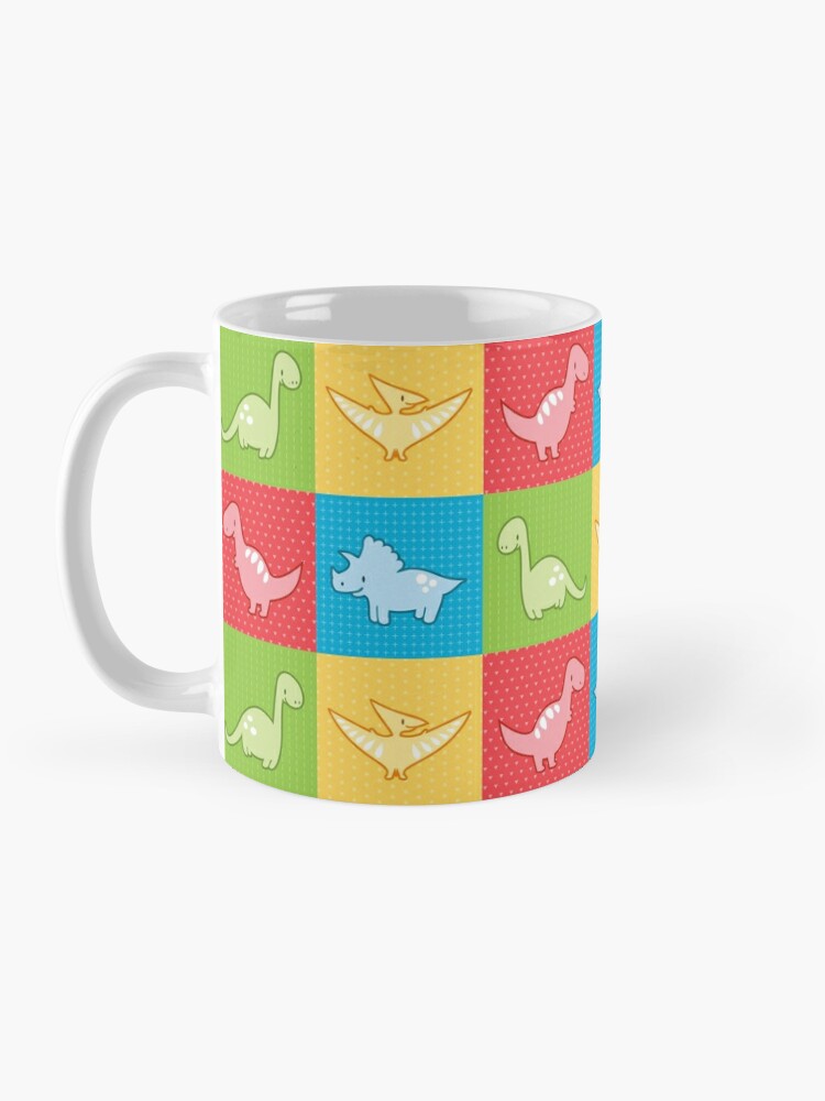 Thumbnail 3 of 6, Coffee Mug, Colorful dinosaurs and pterodactyl cheater quilt designed and sold by petitspixels.