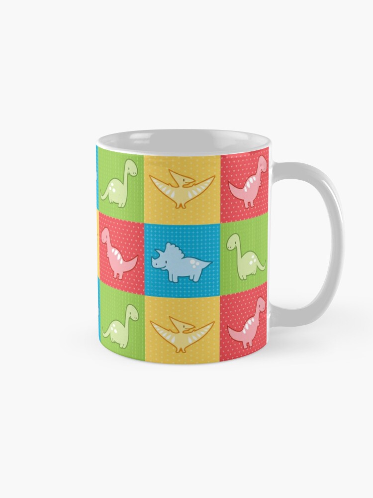 Coffee Mug, Colorful dinosaurs and pterodactyl cheater quilt designed and sold by petitspixels