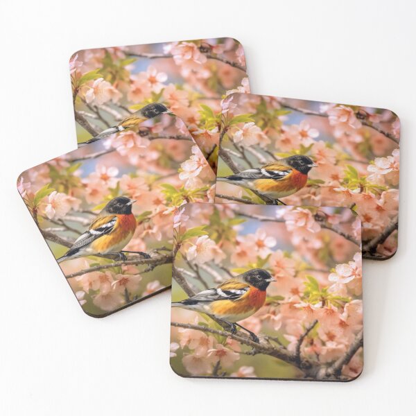 Item preview, Fringilla coelebs bird sitting on a cherry blossom designed and sold by aiphotosart.