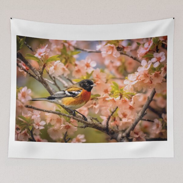 Item preview, Fringilla coelebs bird sitting on a cherry blossom designed and sold by aiphotosart.