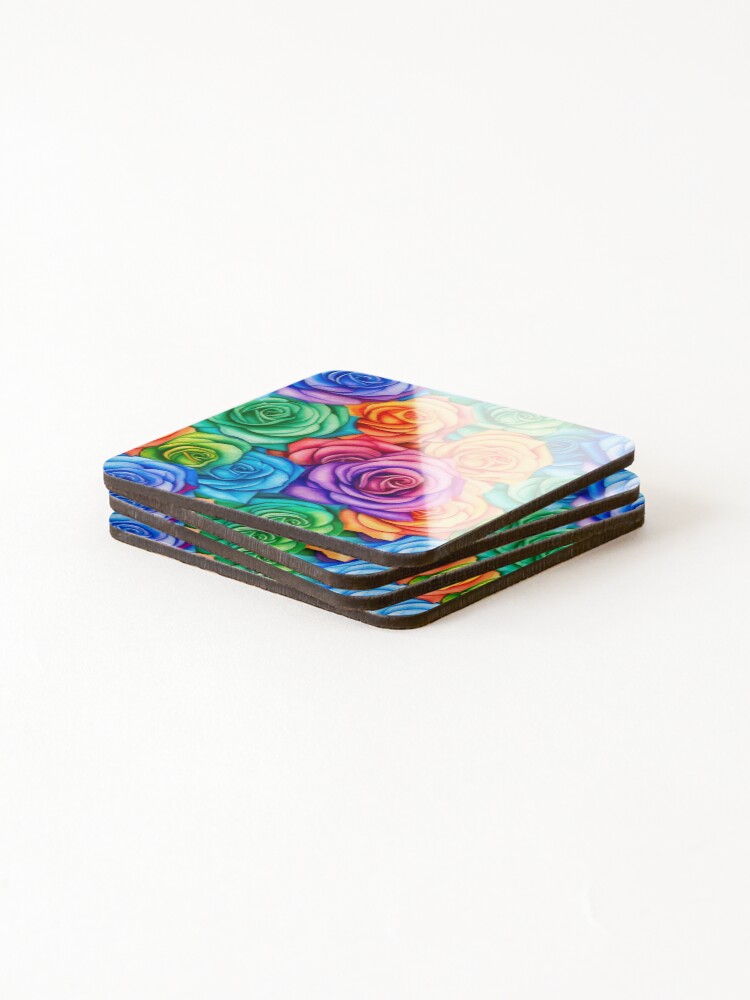 Thumbnail 4 of 5, Coasters (Set of 4), Watercolour Rainbow Roses Seamless Pattern designed and sold by PatternStudios.