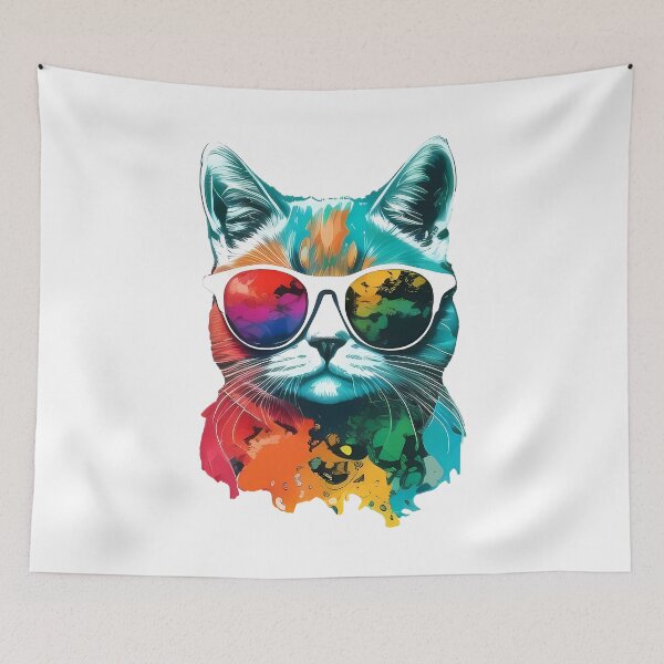 Item preview, summer style colorful cat with sunglasses designed and sold by ArtHideaway.