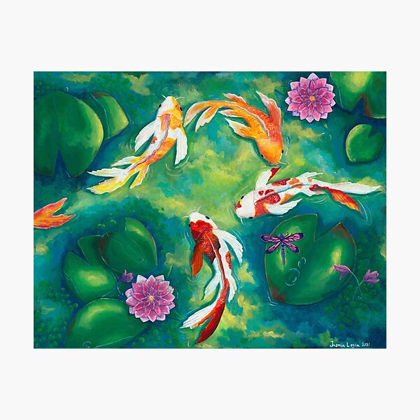 Koi fish drawing illustration painting oriental pond japan Japanese wall  art home decor colorful water lily