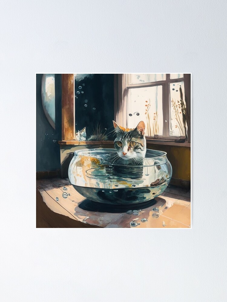 Cat in Fishbowl Poster, Animal Posters