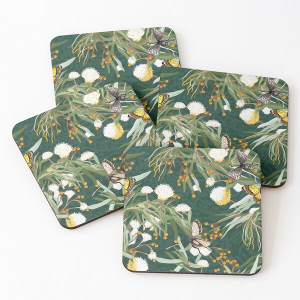 Item preview, Beautiful Native Australian wallpaper for bookcovers and homewares. Floral blooms of wattle and eucalypt leaves with butterflies and insects 1 designed and sold by NatTex.