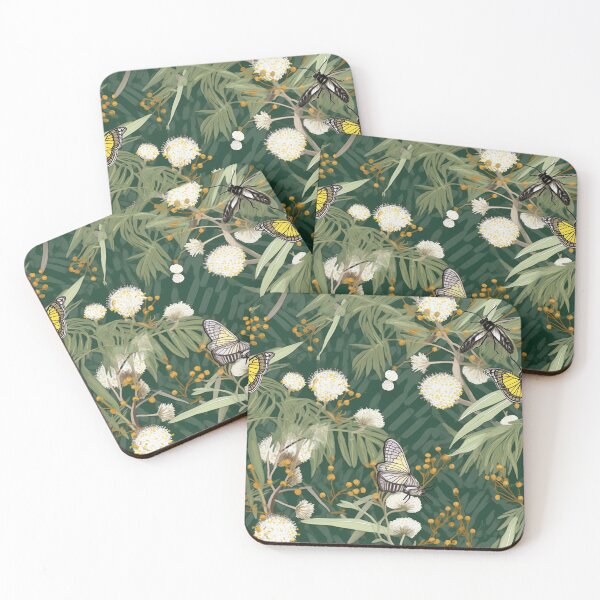 Item preview, Beautiful Native Australian wallpaper for bookcovers and homewares. Floral blooms of wattle and eucalypt leaves with butterflies and insects 2 designed and sold by NatTex.