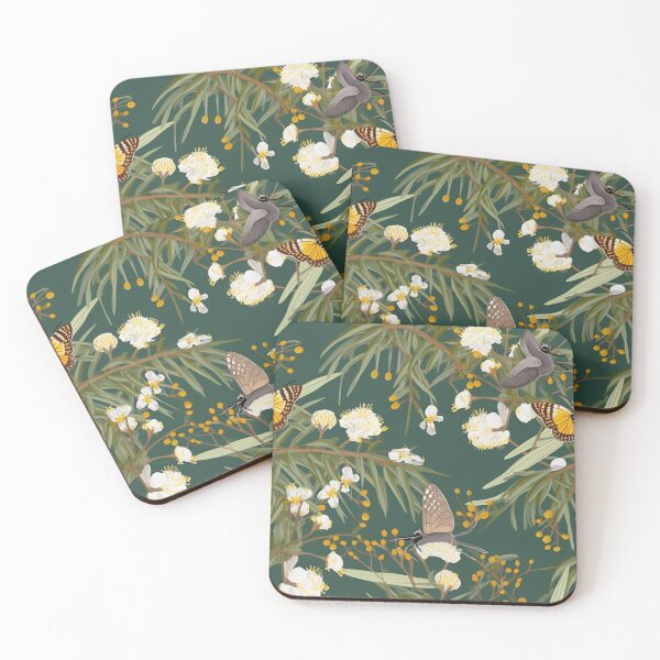 Item preview, Beautiful Native Australian wallpaper for bookcovers and homewares. Floral blooms of wattle and eucalypt leaves with butterflies and insects 3 designed and sold by NatTex.
