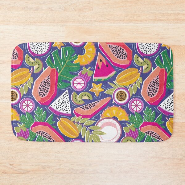 Item preview, Geo summer tropical fruits // electric blue background multicoloured geometric papaya star fruit passion fruit dragon fruit kiwi coconut pineapple mangosteen designed and sold by SelmaCardoso.