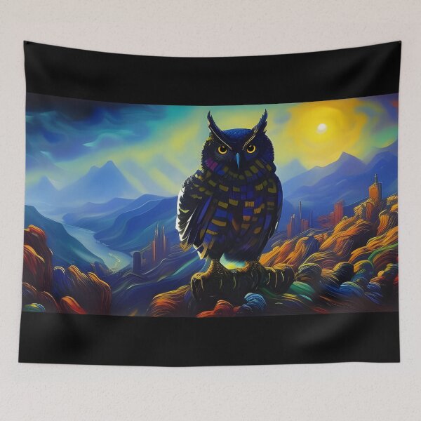 Item preview, Blue Owl against Colourful Landscape, impasto, Ai Generated Art  designed and sold by ACC .