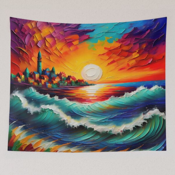 Item preview, Abstract Oil painting town by the sea at sunset designed and sold by digitalartlb.