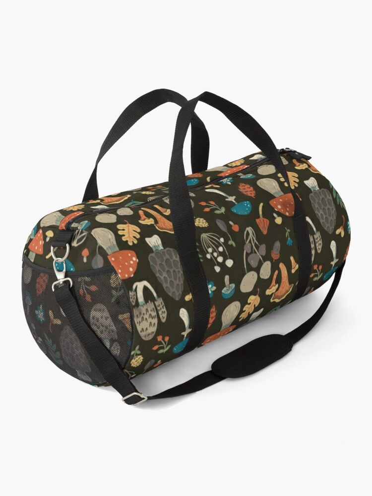 Duffle Bag, Forest Floor Mushroom repeating pattern designed and sold by CozyPtarmigan