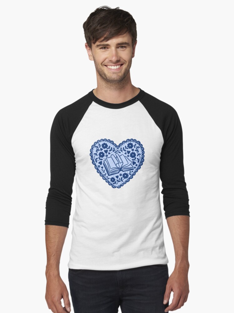 Thumbnail 1 von 3, Baseballshirt mit 3/4-Arm, blaues Bücherherz designt und verkauft von indiebookster.