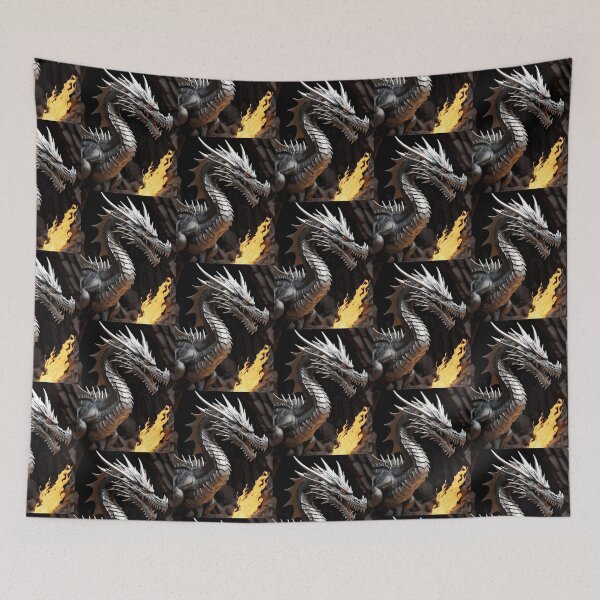 Item preview, Snarling, silver, sharped toothed dragon at the mouth of a fire cave designed and sold by DWeyers.