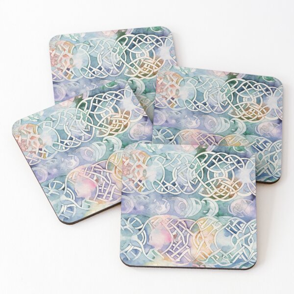 Item preview, "Celestial Knotwork" - Heavenly Celtic Knotwork Pattern Against a Watercolor Sky of Purple, Green, Pink, and Orange designed and sold by stateofhuman.