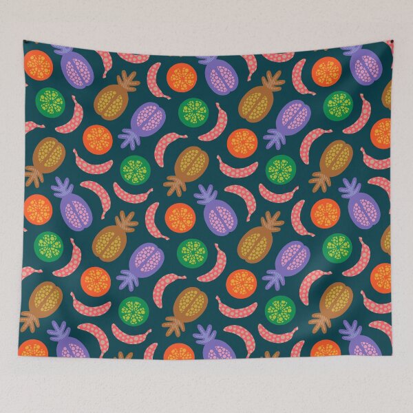 Item preview, TROPICAL FRUITS WITH LOTSA DOTS in Earthy Brights on Dark Teal - UnBlink Studio by Jackie Tahara designed and sold by Jackie Tahara of UnBlink Studio.