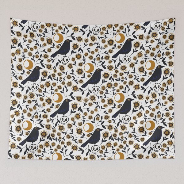 Item preview, Crow on Skull under the Moon Surrounded by Flowers designed and sold by Stephanie McRae.