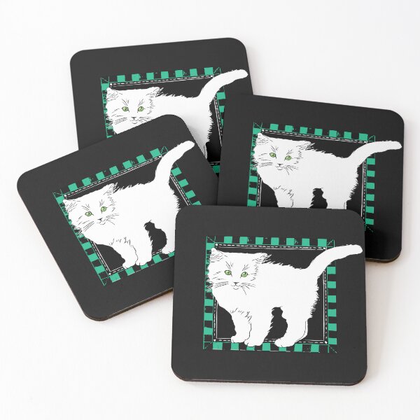 Item preview, White kitten on teal checks, block print designed and sold by HelenDBVickers.