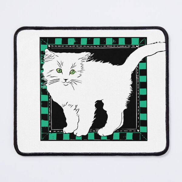 Item preview, White kitten on teal checks, block print designed and sold by HelenDBVickers.