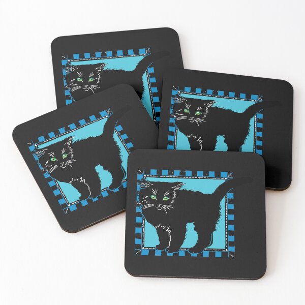 Item preview, Black kitten on blues checks, block print designed and sold by HelenDBVickers.